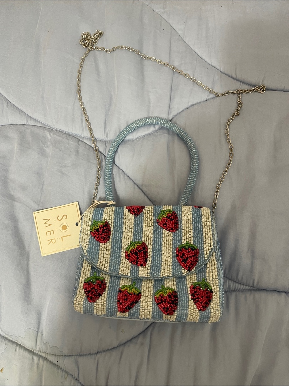 Sol Mér Beaded Strawberry Mini Top-Handle Bag in Light Blue. NWT